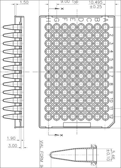 FrameStar 96型半裙PCR板，带有直立的ABI®风格技术图纸