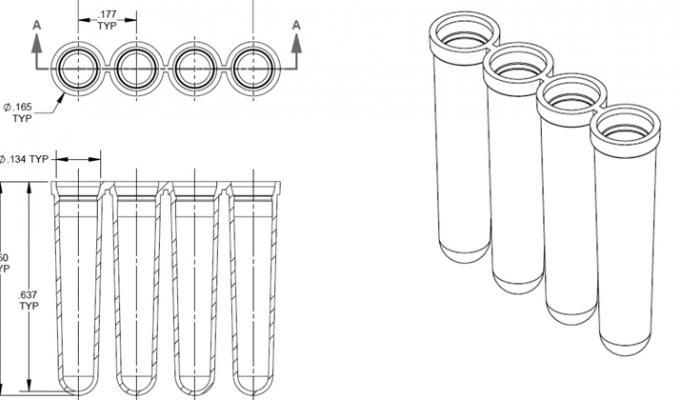 4 Well PCR Tube Strips, Rotor-Gene®Style, With Caps Technical Drawing