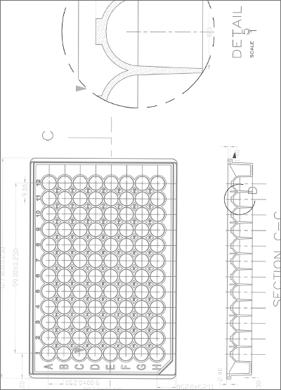 96圆井储存孔板(330µl, U型)技术图纸